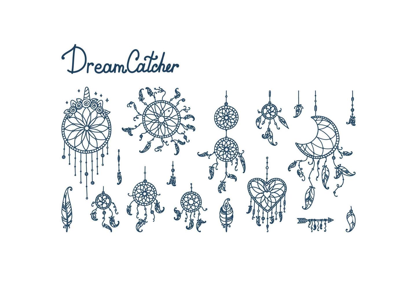 Boho dreamcatchers with feathers and arrow. Set with dreamcatchers in shape of crescent moon, heart and circles. Vector illustration in doodle style