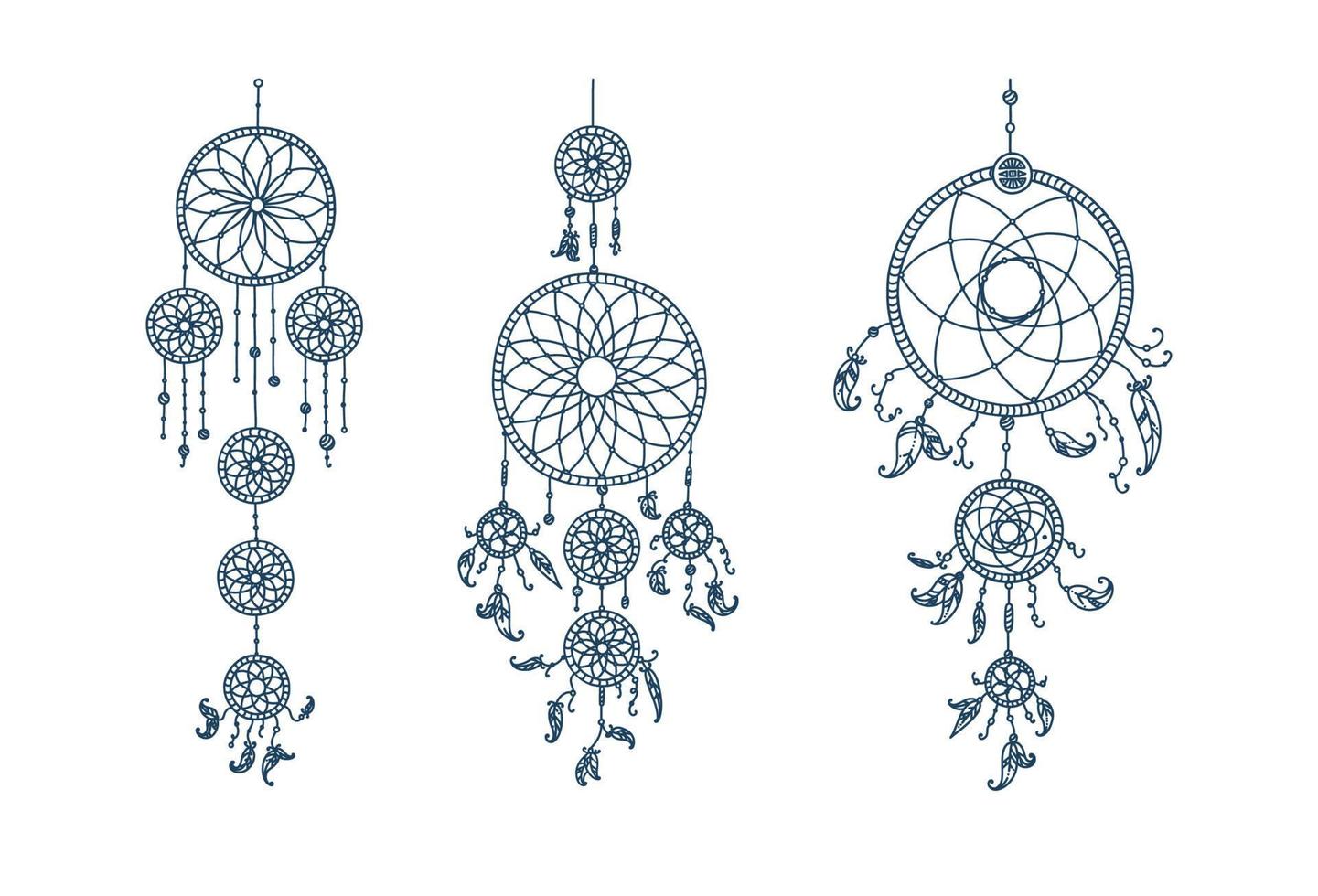 Dreamcatchers with tribal feathers. Set of zen dreamcatchers. Vector illustration