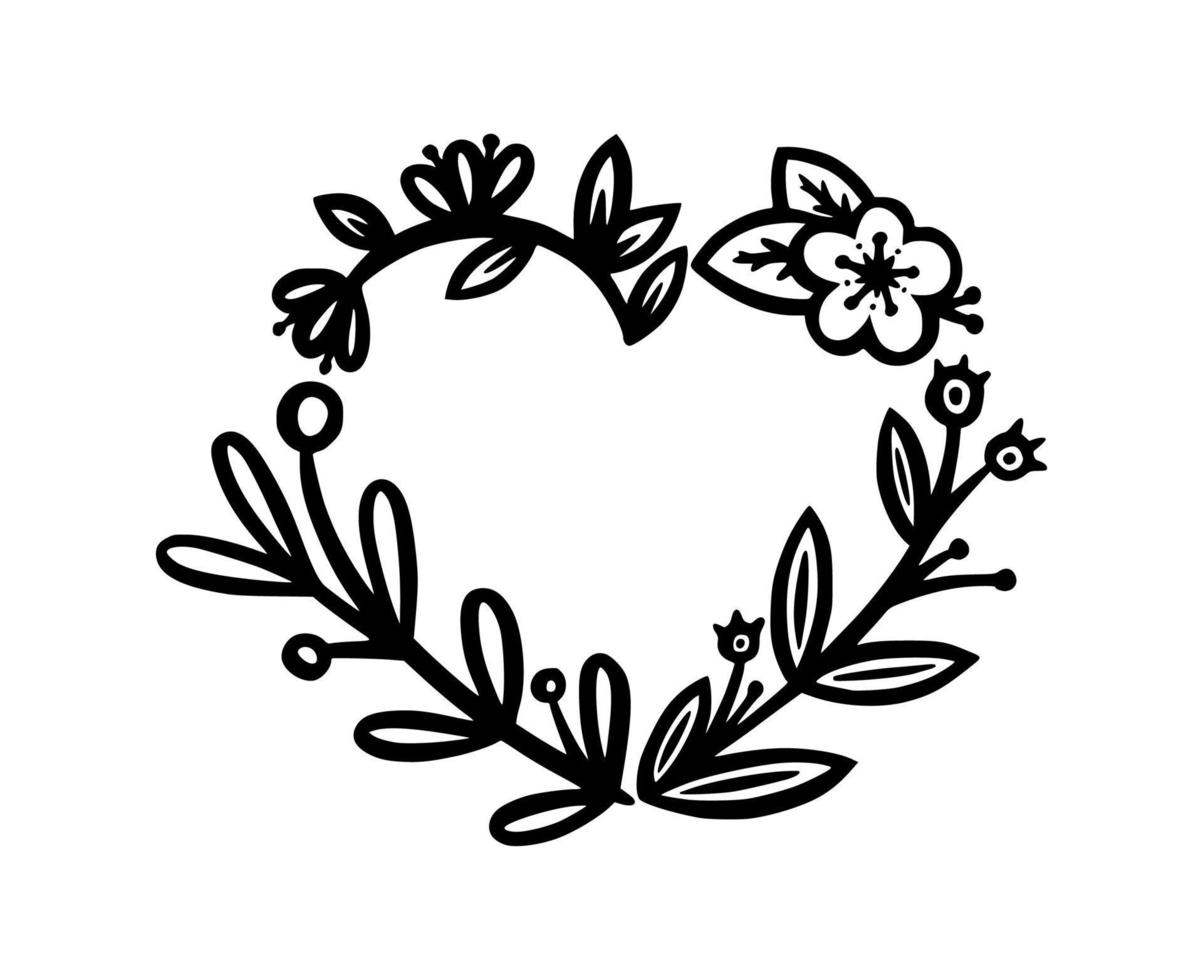 Heart wreath for invitations and bullet jourmals decoration. Heart-shaped wreath divider or frame. Doodle vector illustration