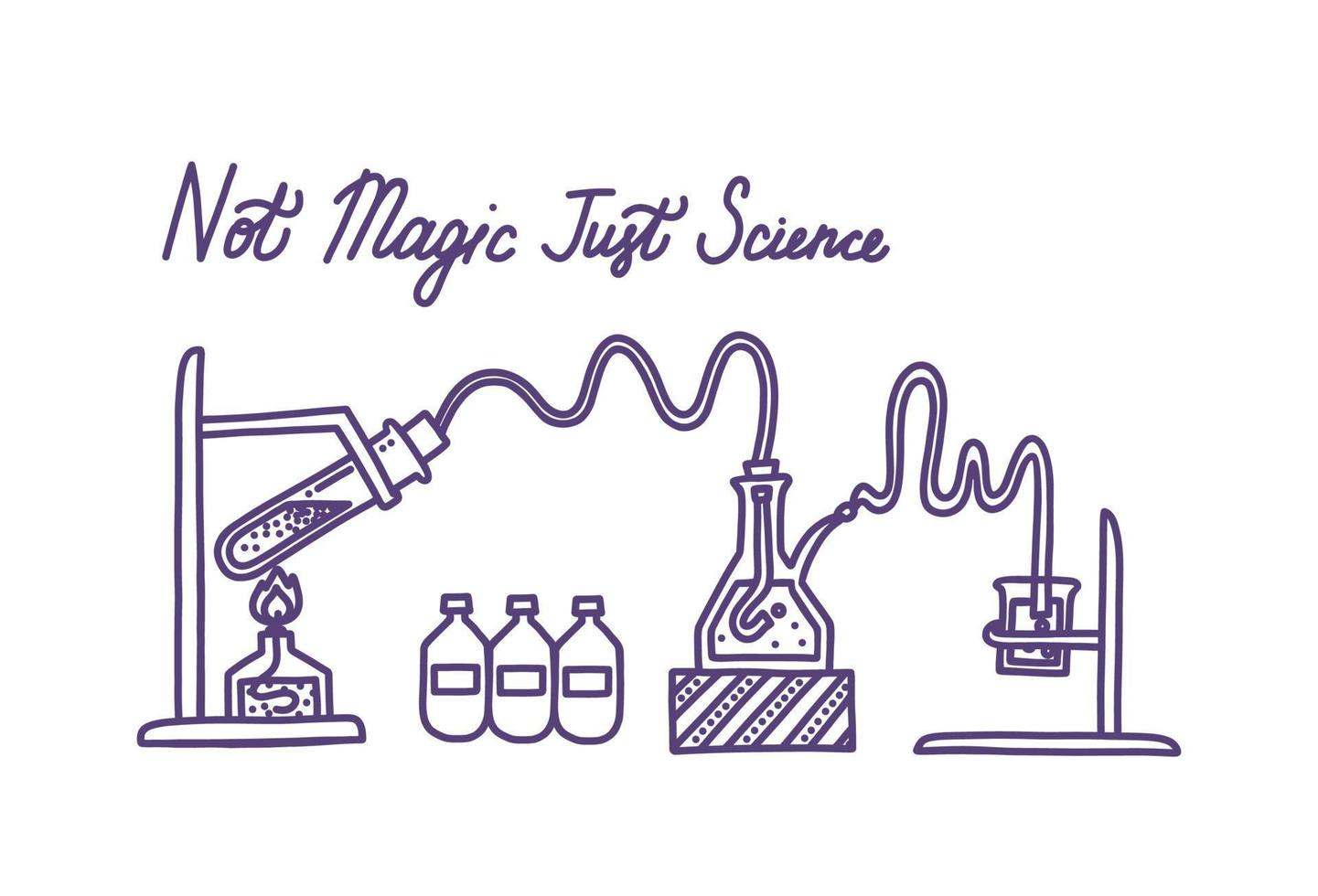 Set of chemical laboratory equipment. Flasks, test tube, beaker, spirit lamp and chemical agents. Vector illustration in doodle style