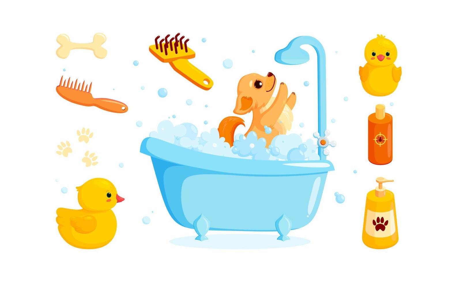 Dog grooming in a bath with pet shampoo, combs and rubber ducks. Playful chihuahua puppy in soap foam isolated in white background. Vector illustration