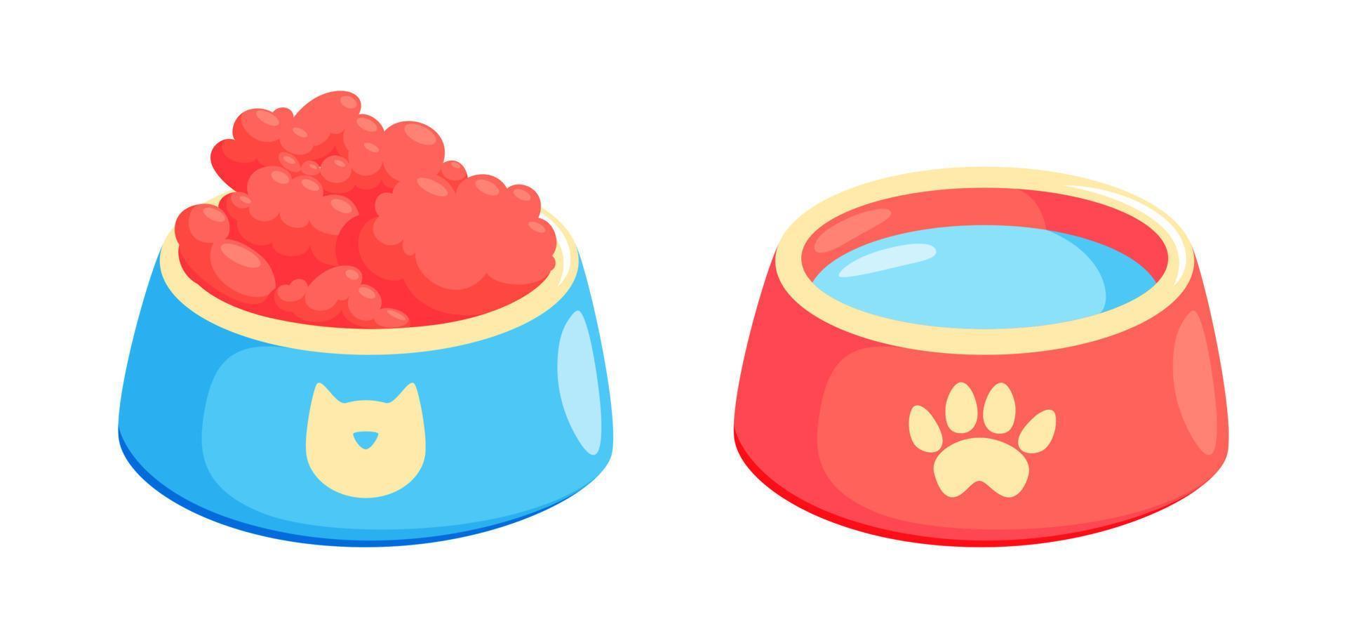 Pet bowl with food. Bowl for cat or dog for kibbles and water. Vector illustration