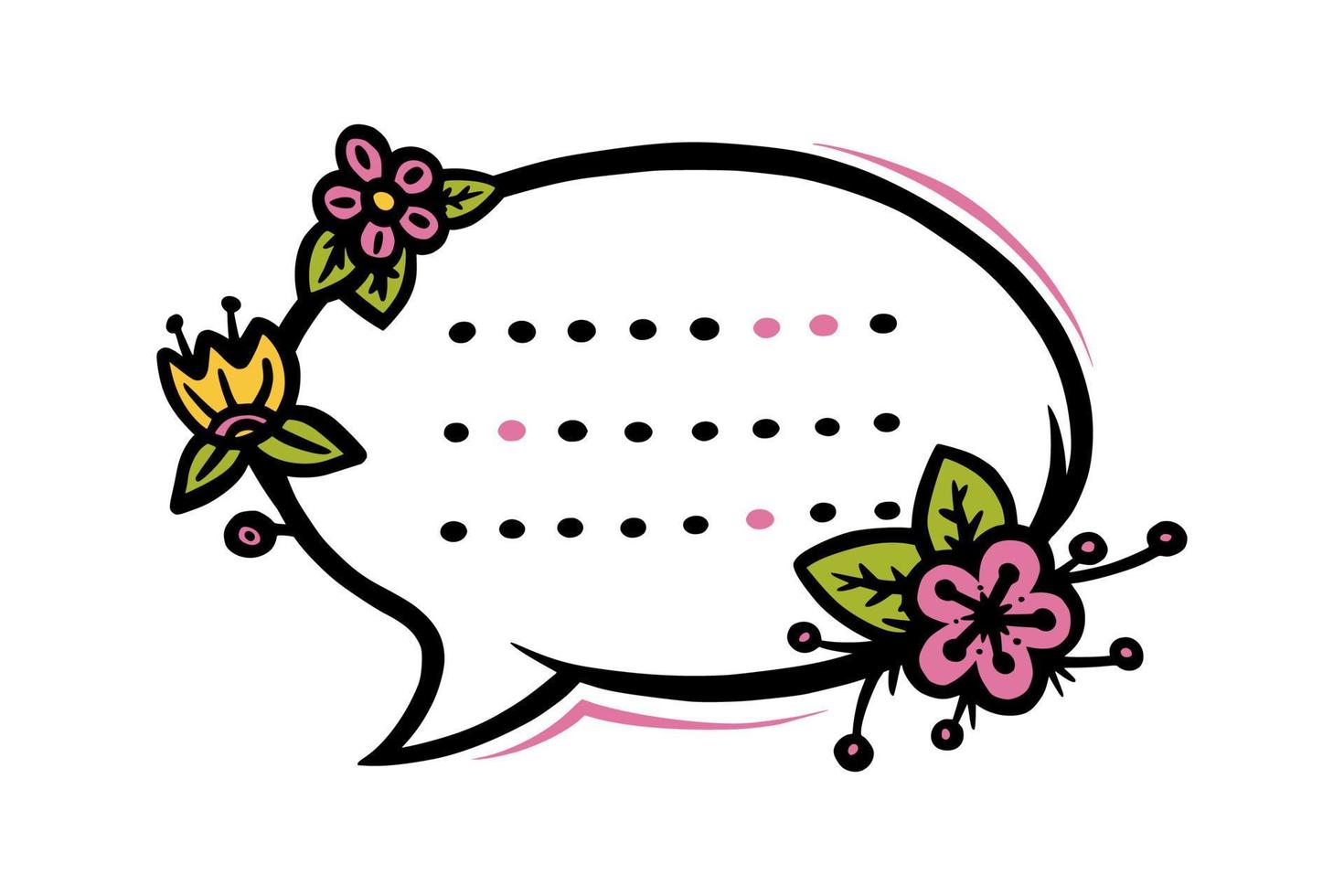 burbuja de habla circular floral o etiqueta para la decoración de álbumes de recortes. marco con flores para texto o mensaje. garabato, vector, ilustración vector