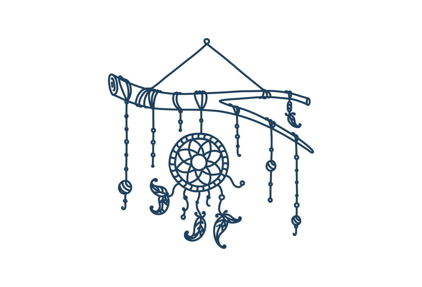 Branch wirh dreamcatcher. Rustic dreamcatcher with feathers. Vector illustration