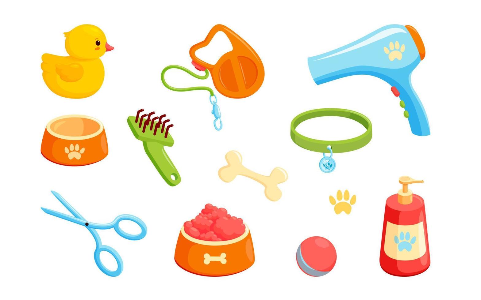 Dog accessories with collar, bowls, duck, combs, shampoo and leash. Puppy stuff for grooming, feeding and games. Vector illustration