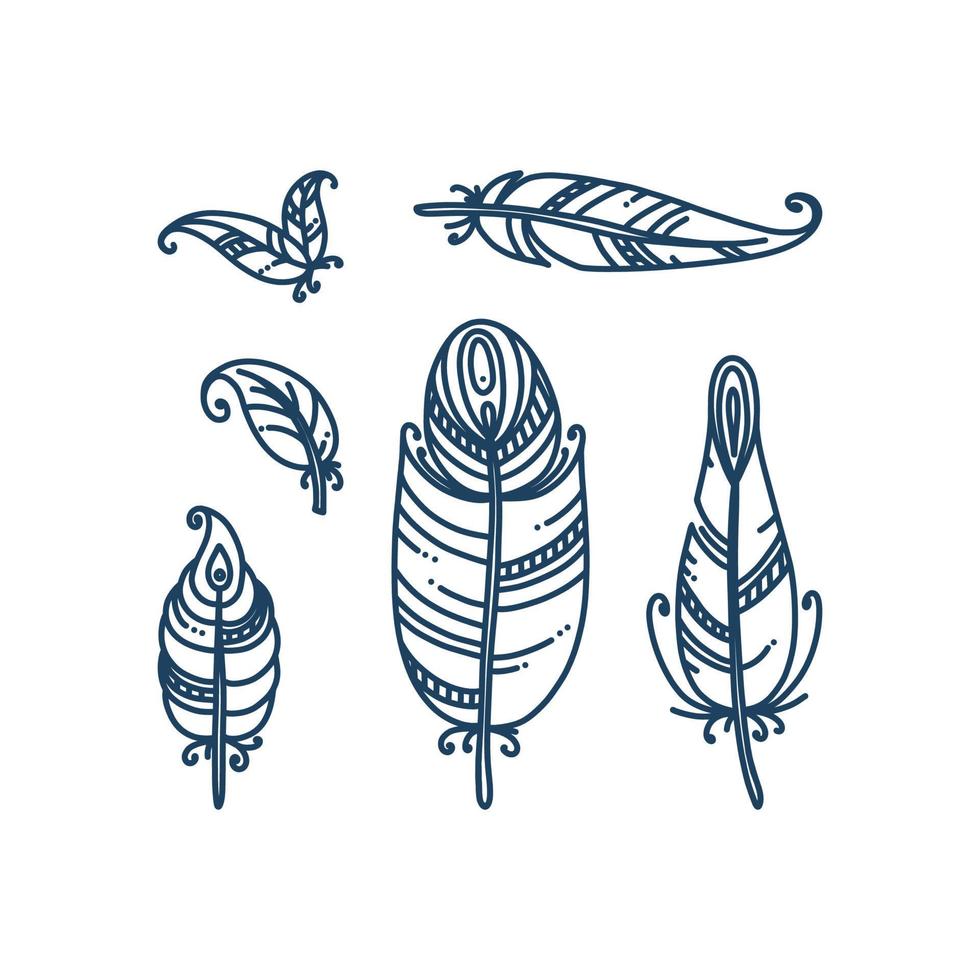 Tribal feathers isolated in white background. Set of ethnic feathers. Vector illustration