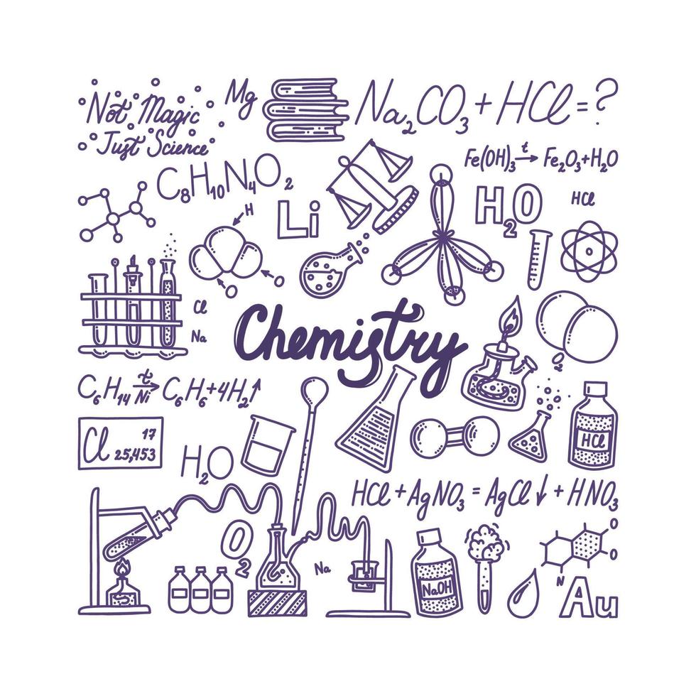 Chemistry banner with lettering. Hand drawn objects associated with chemistry and experiments. Vector illustration in doodle style