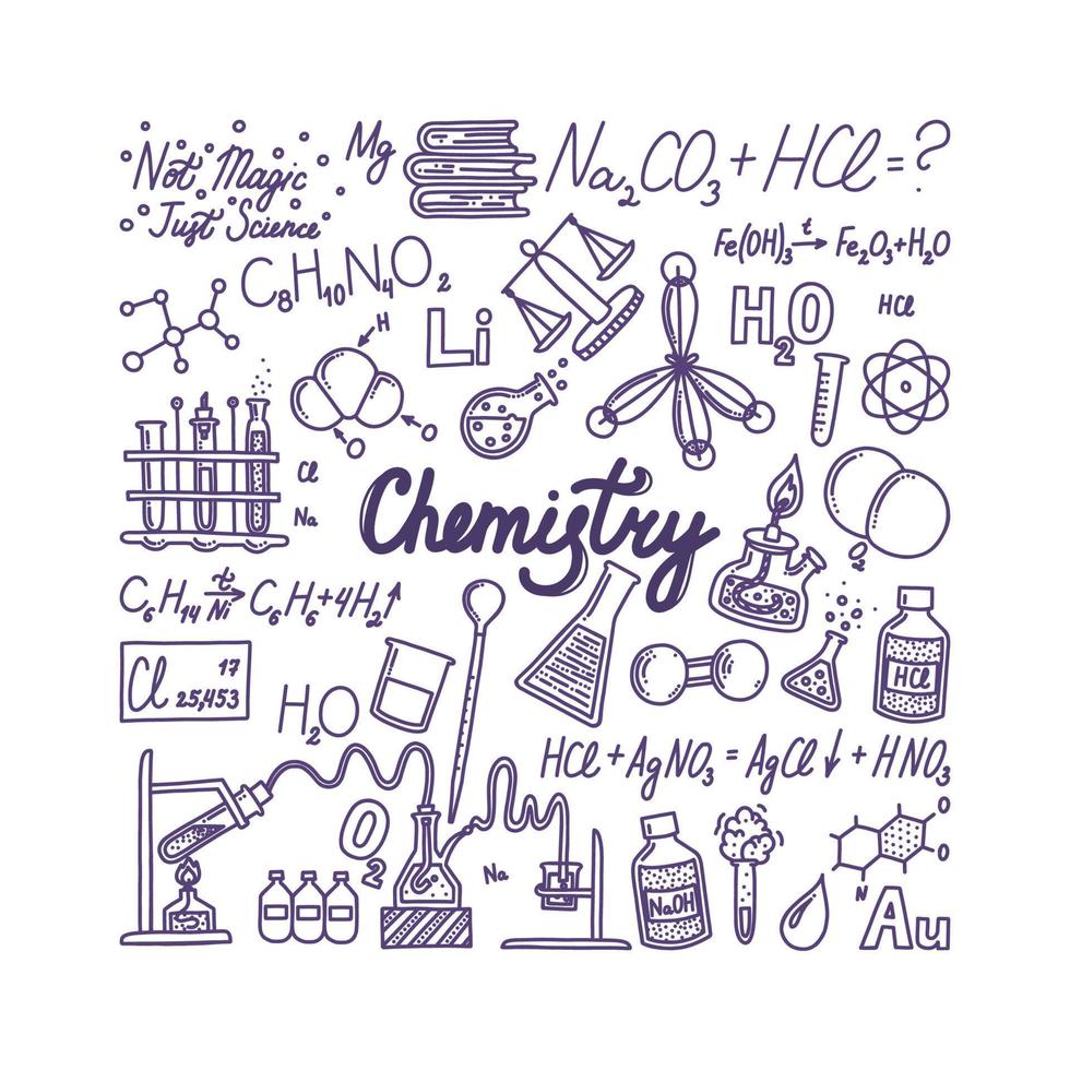 banner de química con letras. objetos dibujados a mano asociados con la química y los experimentos. ilustración vectorial en estilo garabato vector