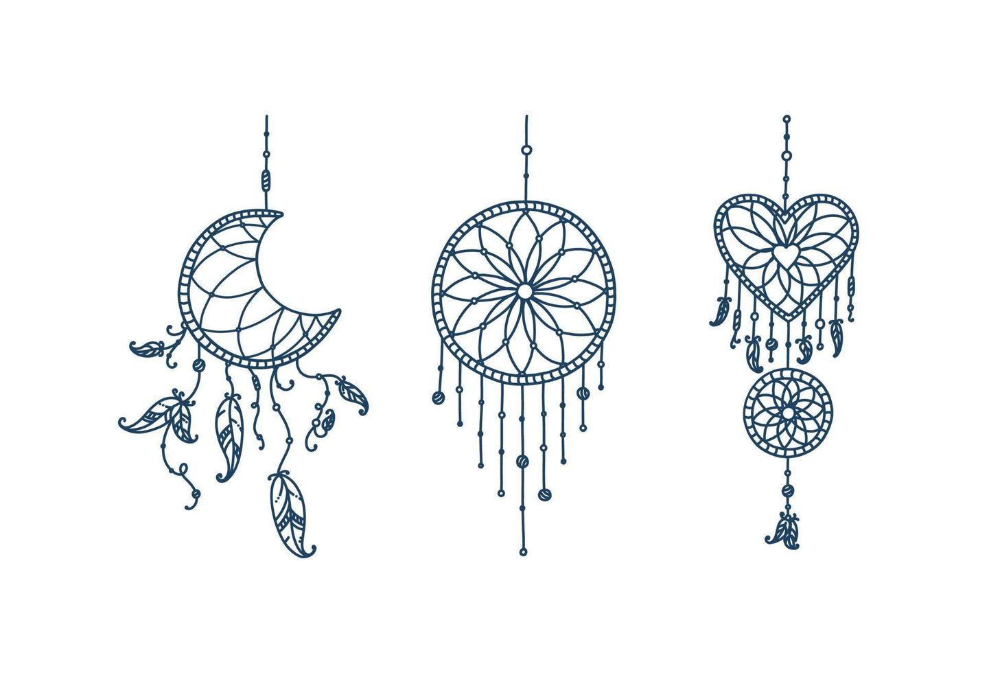 atrapasueños boho con plumas y flecha. conjunto de garabatos de atrapasueños en forma de luna creciente, corazón y círculo. ilustración vectorial vector