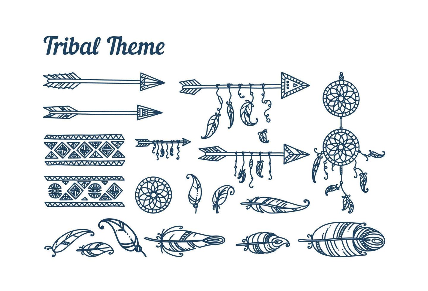 Tribal arrows and feathers isolated in white background. Set of ethnic feathers, arrows and dreamcatcher. Vector illustration