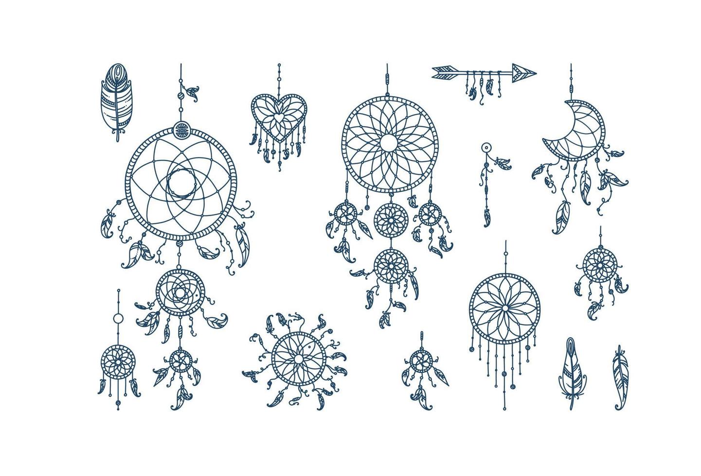 Dreamcatchers with feathers and arrows. Set of mystic dreamcatchers and feathers. Vector illustration