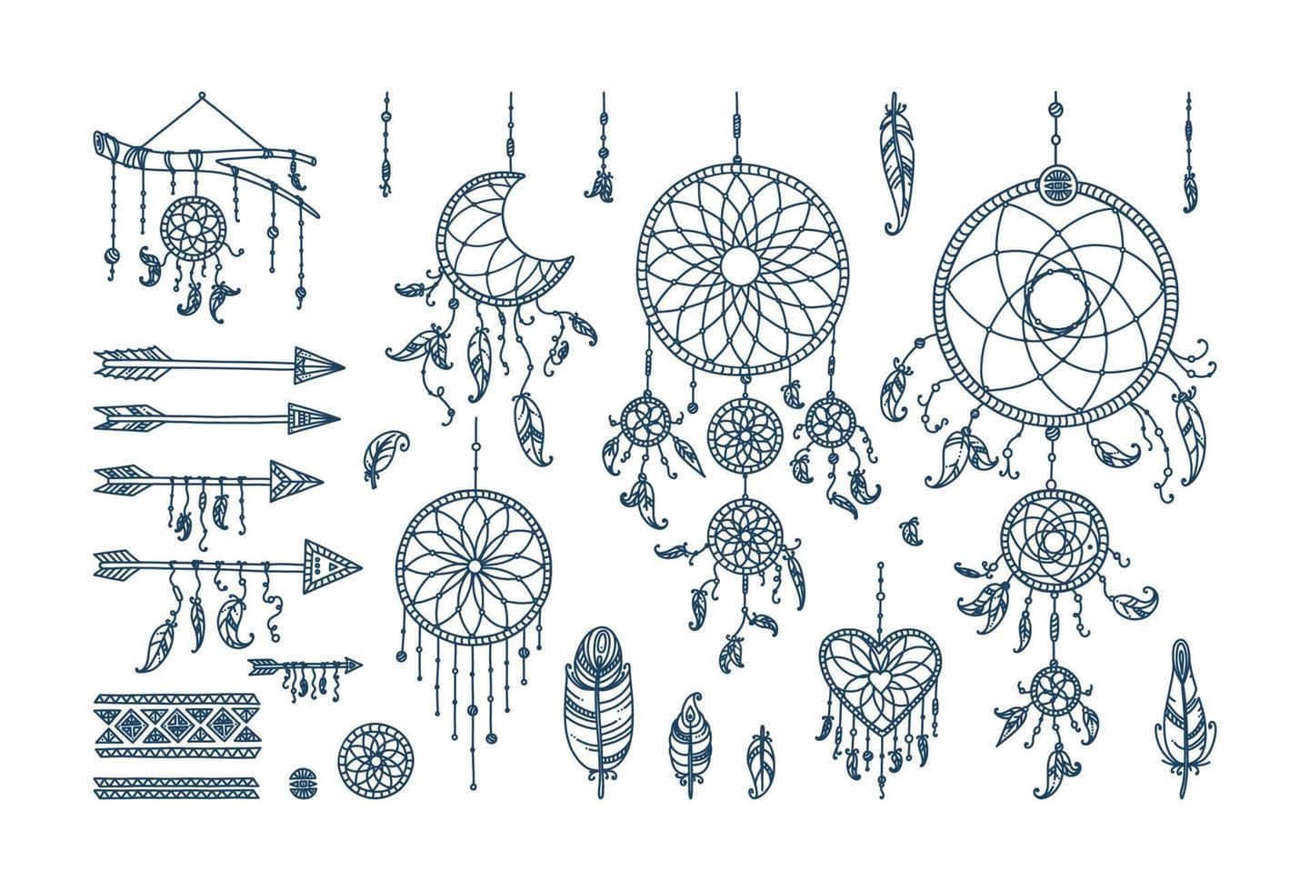 Dreamcatcher with feathers and arrows. Big set with dreamcatchers of different shape. Vector illustration in doodle style