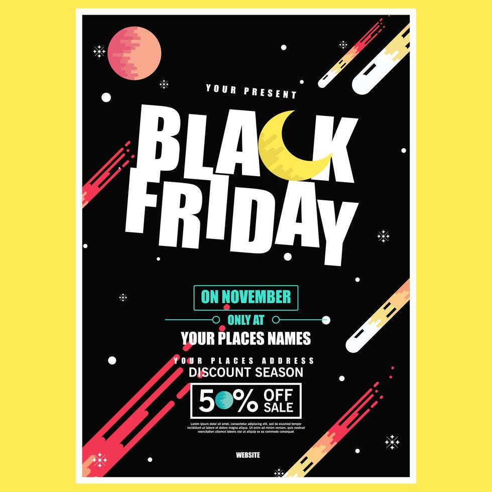 BLACK FRIDAY Poster Design Template with Night Falling Stars with Crescent Moon vector