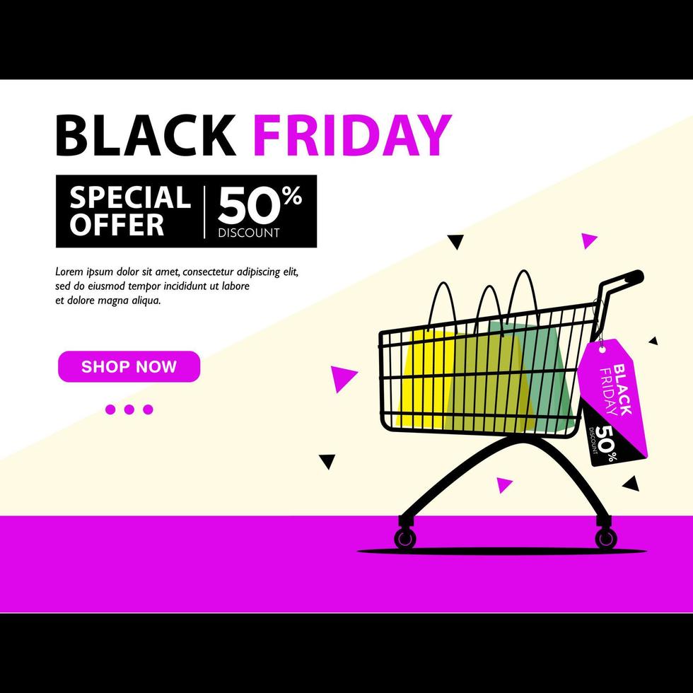 plantilla de página web de evento de venta de viernes negro con bolsa de compras en carro color negro púrpura vector