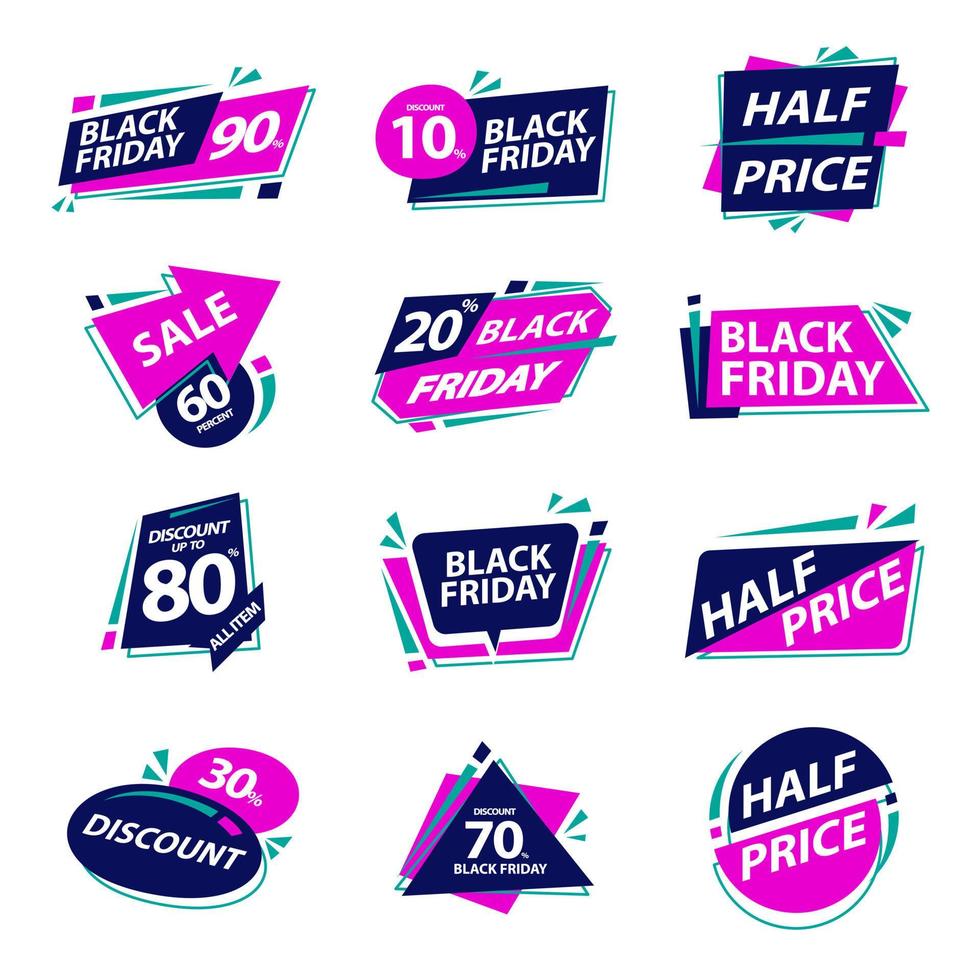 Black Friday Flash Sale Badge simple design with blue pink green color collection set vector