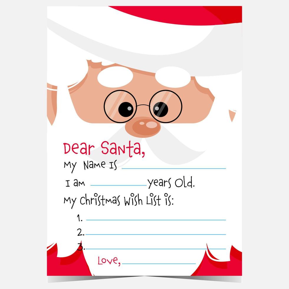 postal o plantilla de carta para llenar con un mensaje y una lista de deseos y enviarla a santa claus durante la navidad y otras celebraciones de vacaciones de invierno. listo para imprimir ilustración vectorial. vector