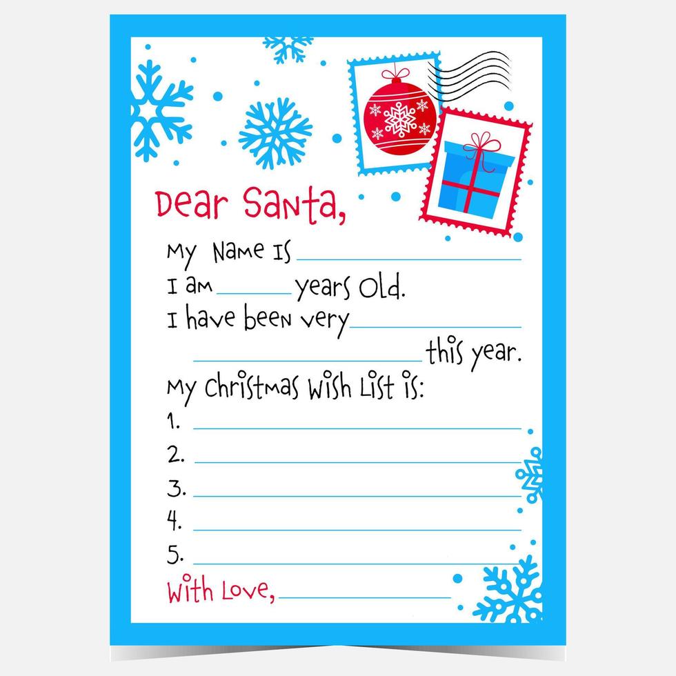 Christmas letter to Santa Claus pattern ready to print with winter holidays decorations, snowflakes, gift box and Christmas ball. Postcard to fill with a message and wish list and send it to Santa. vector