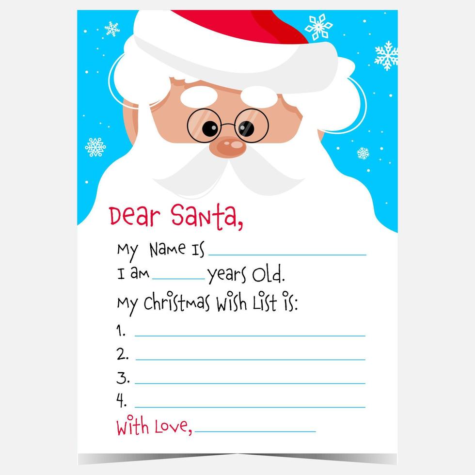 Dear Santa postcard to fill with a message and Christmas wish list. Christmas letter with Santa Claus character and snowflakes on background. Vector decorated paper sheet for Christmas mail.