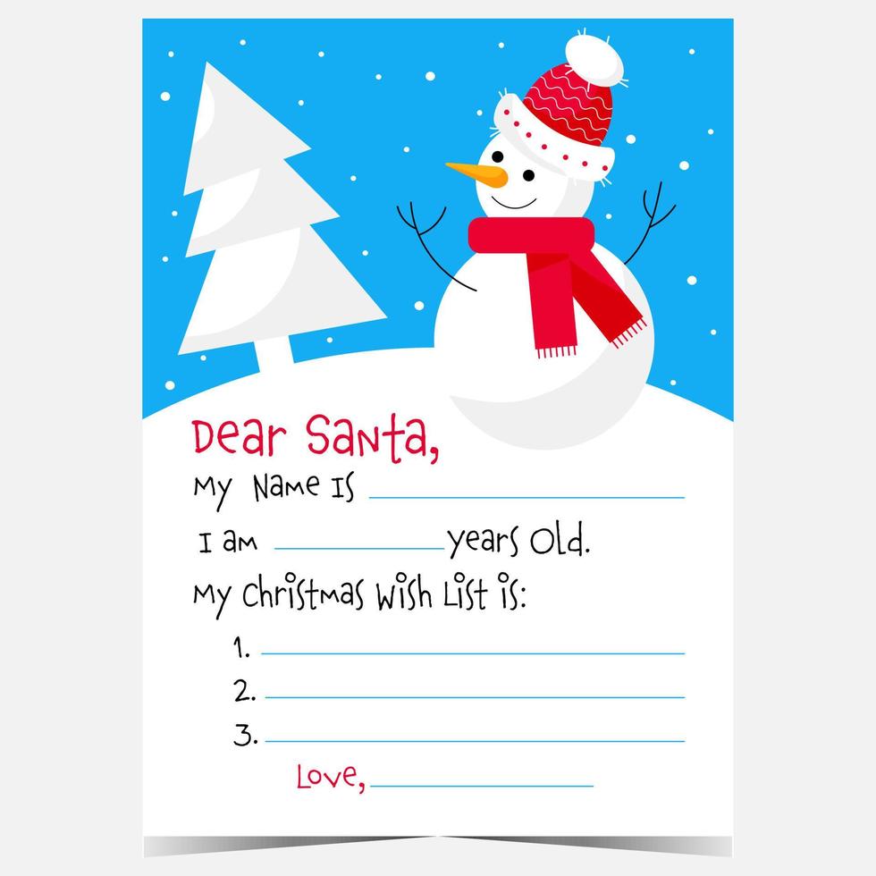 carta a santa para la plantilla de vector de navidad. postal navideña con lista de deseos, decoración de invierno, copos de nieve y muñeco de nieve. hoja de papel decorada para rellenar y enviar a papa noel.