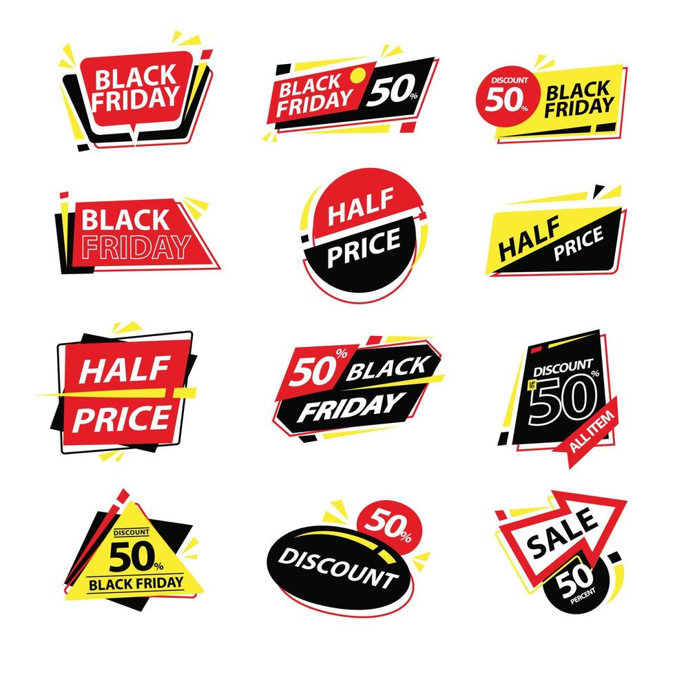 Black Friday Sales Badge Sticker Design Template Collection Set Red Yellow Black Color vector