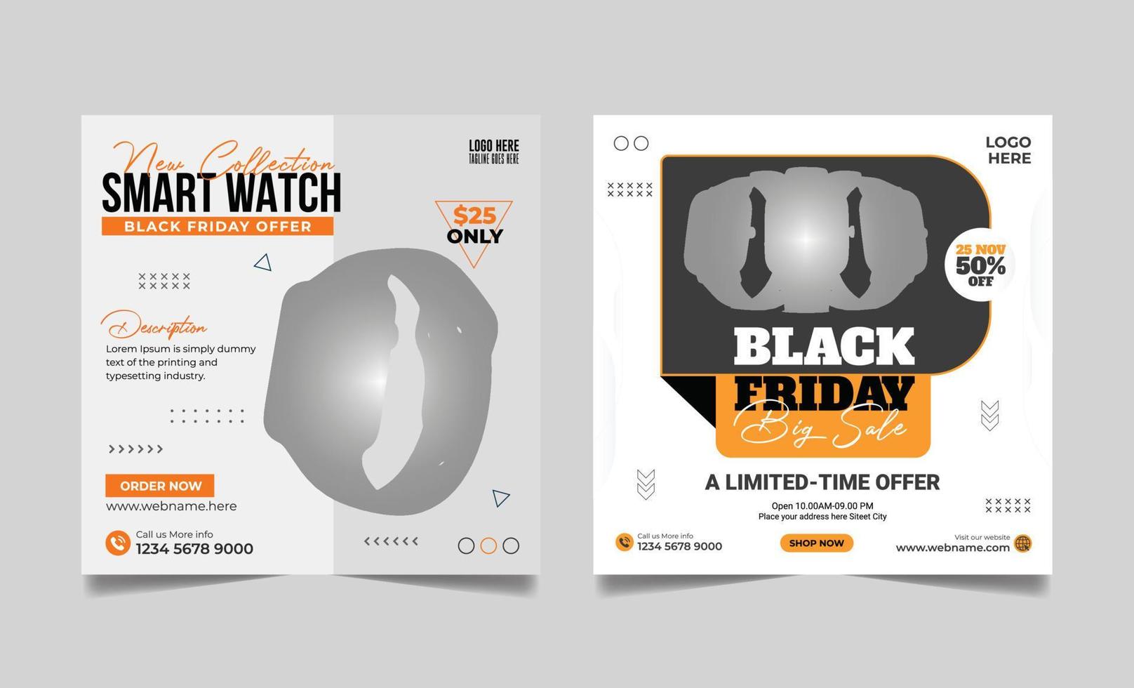 Black friday smart watch sale social media post square web banner template vector