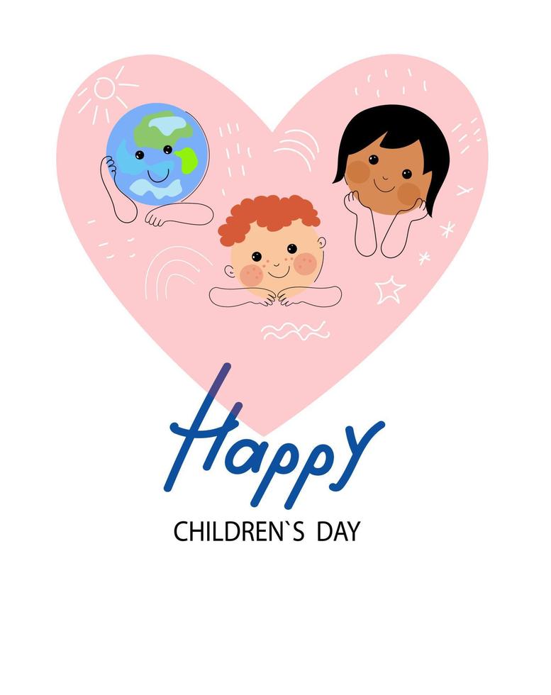 Social media horizontal banner template for World children's day. Funny planet character with happy baby boy , asian baby girl. Vector flat cartoon doodle banner.