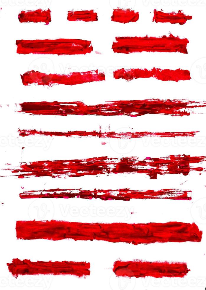 Set of red wax crayon and brush strokes isolated on white background, Vector hand painting brush texture design elements photo