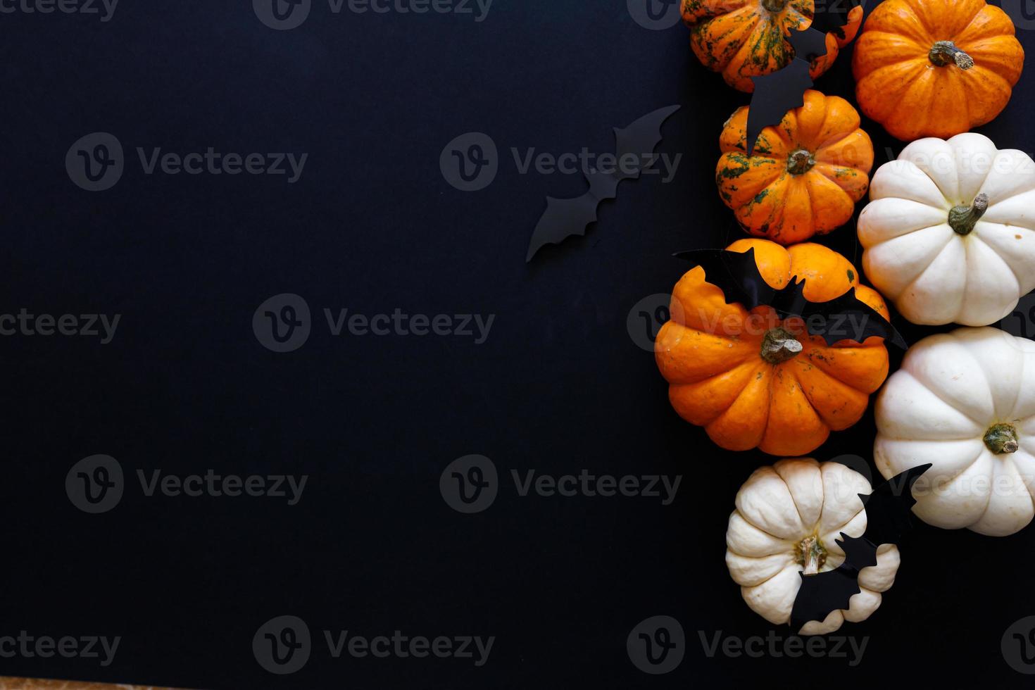 Halloween flat lay composition of black paper bats fand pumpkins on orange background. Halloween concept. photo