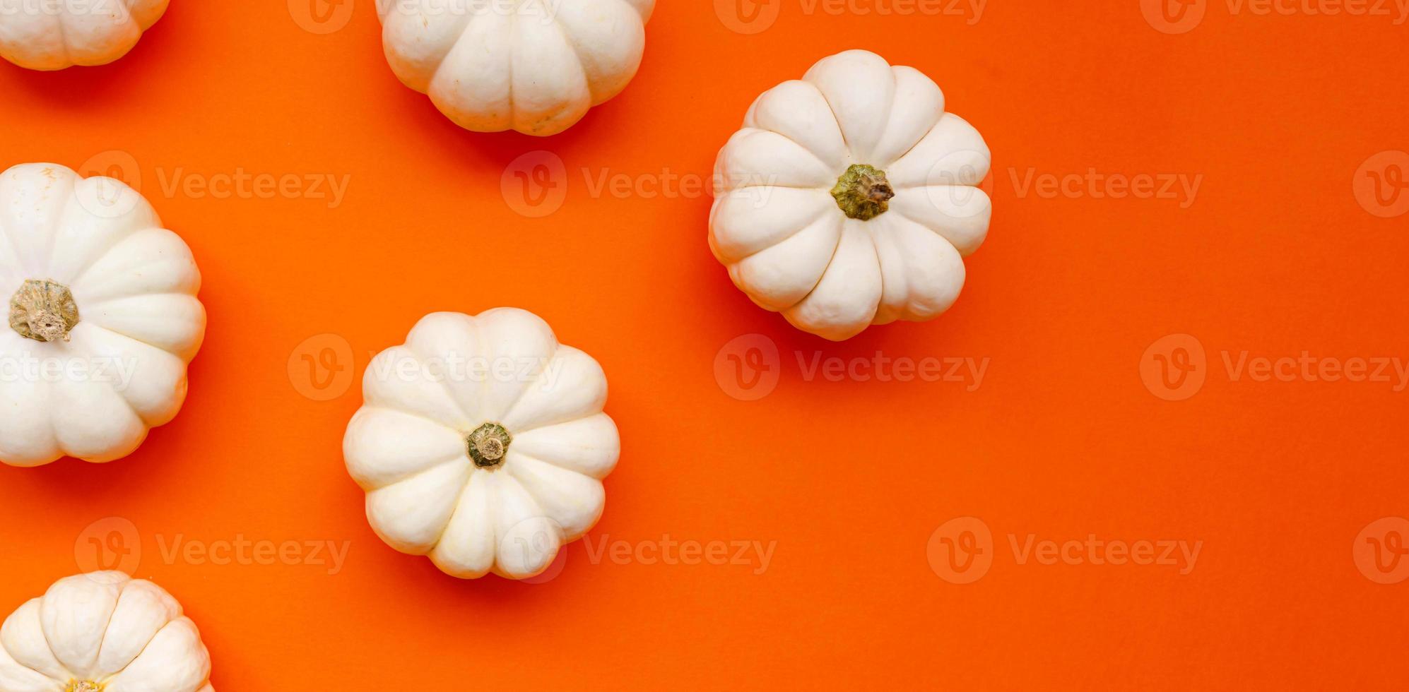 Halloween flat lay composition of black paper bats fand pumpkins on orange background. Halloween concept. photo