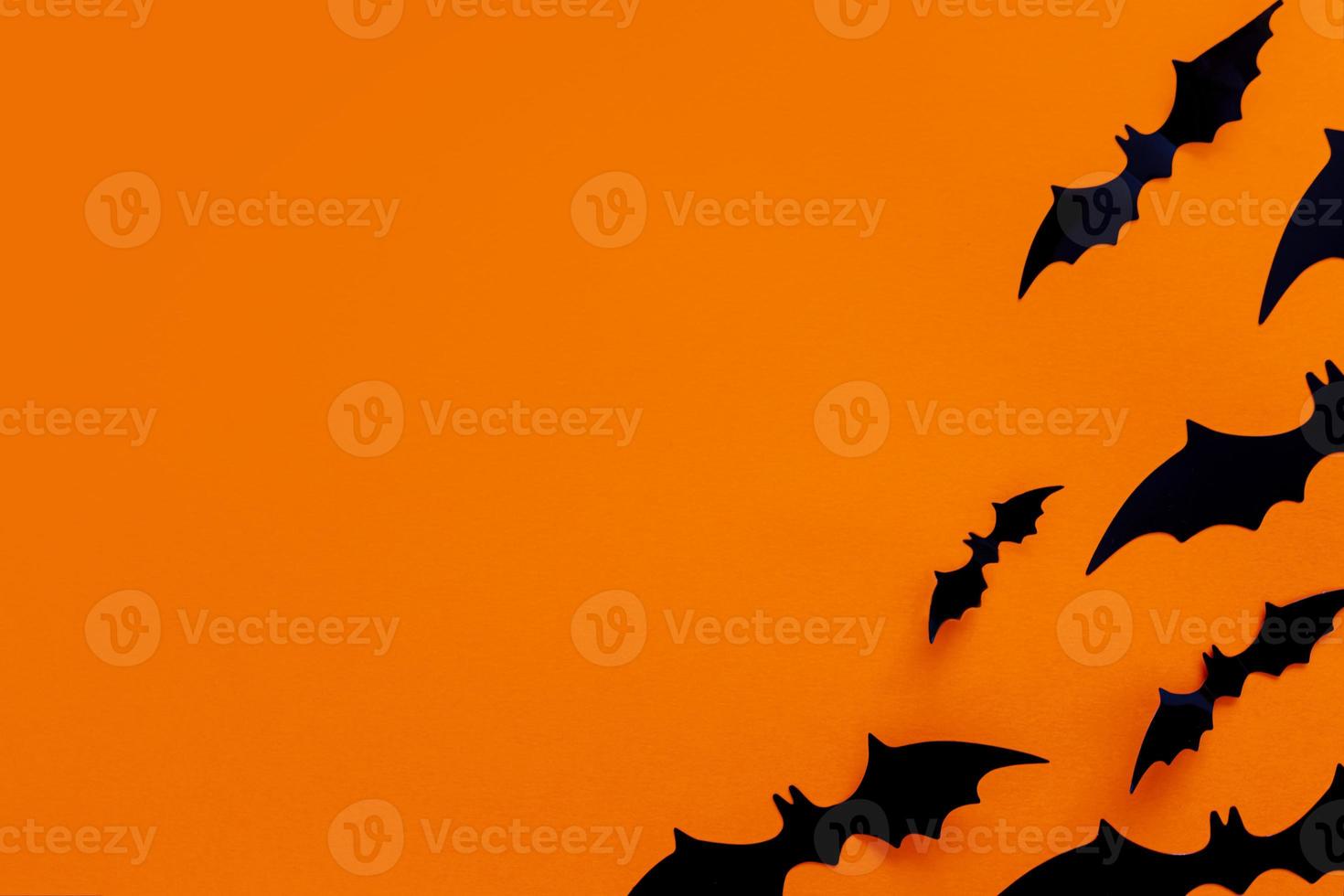 Halloween flat lay composition of black paper bats fand pumpkins on orange background. Halloween concept. photo