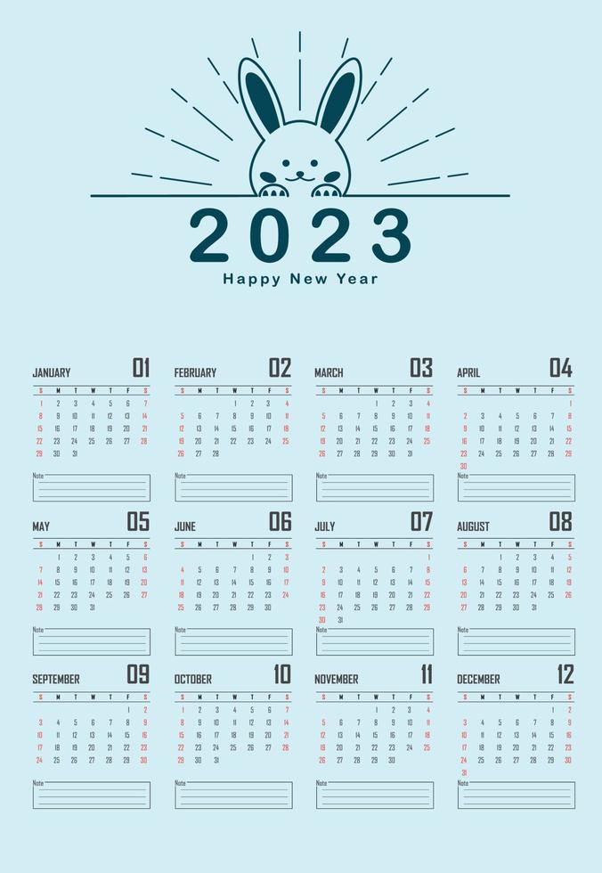 Calendar 2023 with rabbit vector