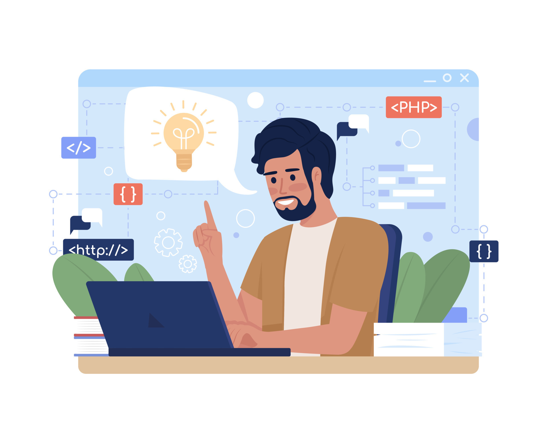 Problem solving in software development 2D vector isolated illustration.  Implement solution. Programmer flat character on cartoon background.  Colourful editable scene for mobile, website, presentation 13418863 Vector  Art at Vecteezy