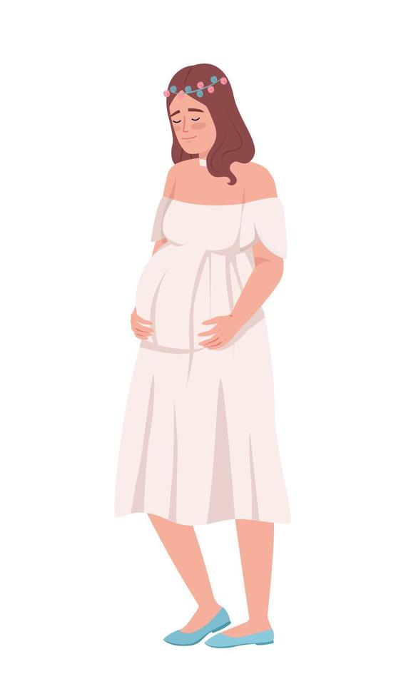 Happy pregnant woman hugging belly semi flat color vector character. Editable figure. Full body person on white. Maternity simple cartoon style illustration for web graphic design and animation