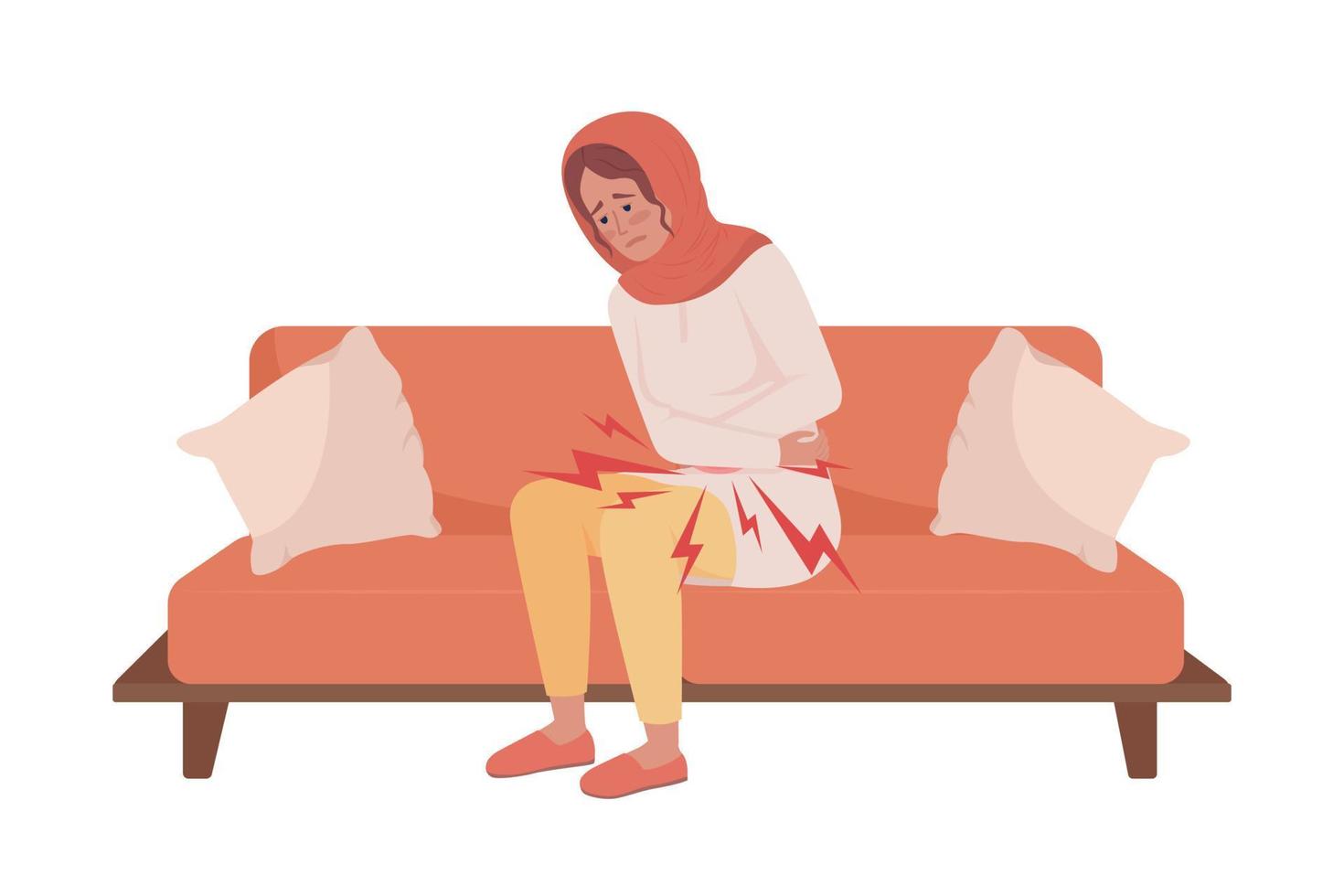 Woman with stomach ache semi flat color vector character. Abdominal pain. Editable figure. Full body person on white. Simple cartoon style illustration for web graphic design and animation