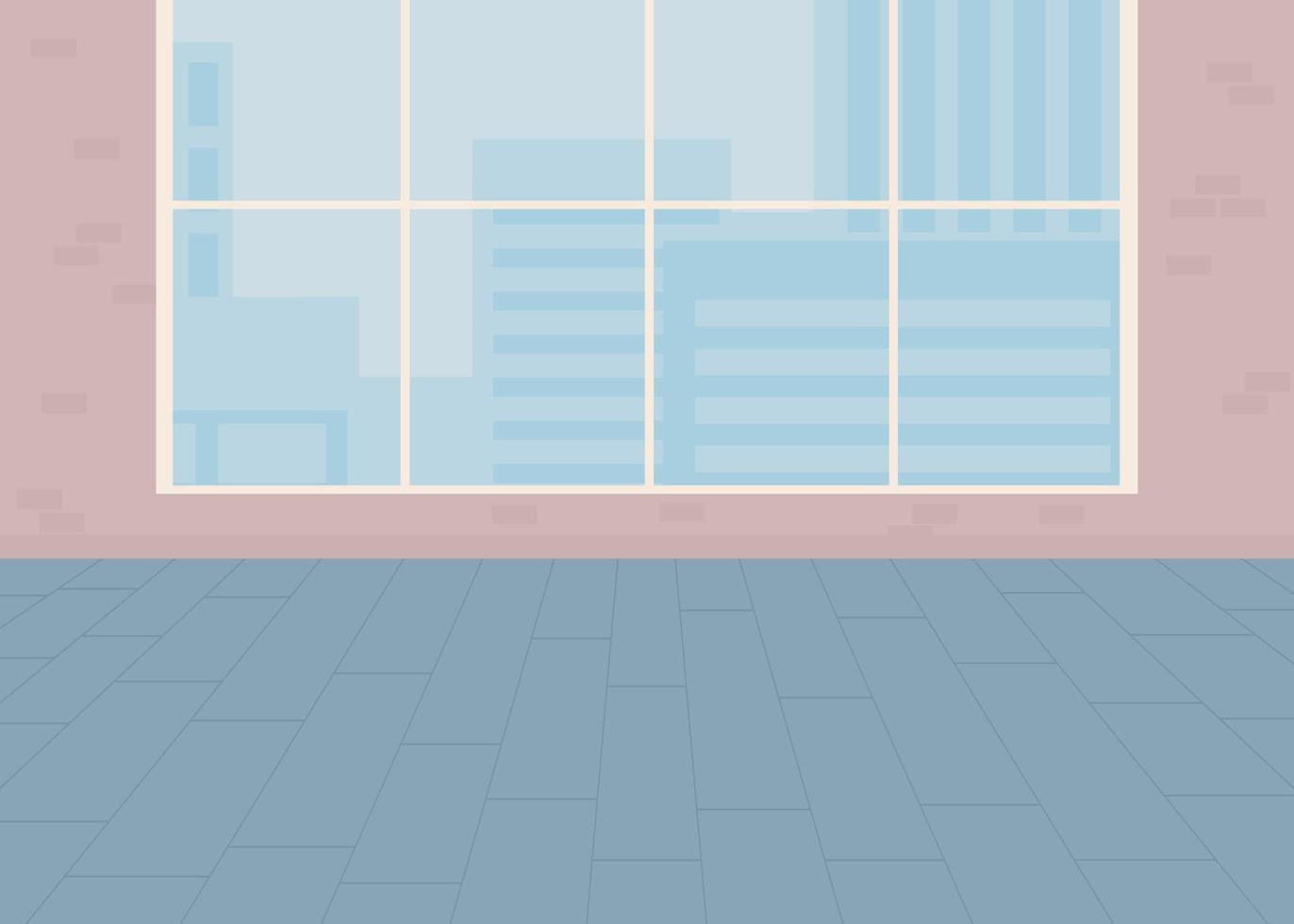 Studio with panoramic window in city flat color vector illustration. Spacious office for rent. Contemporary real estate. Fully editable 2D simple cartoon interior with cityscape on background