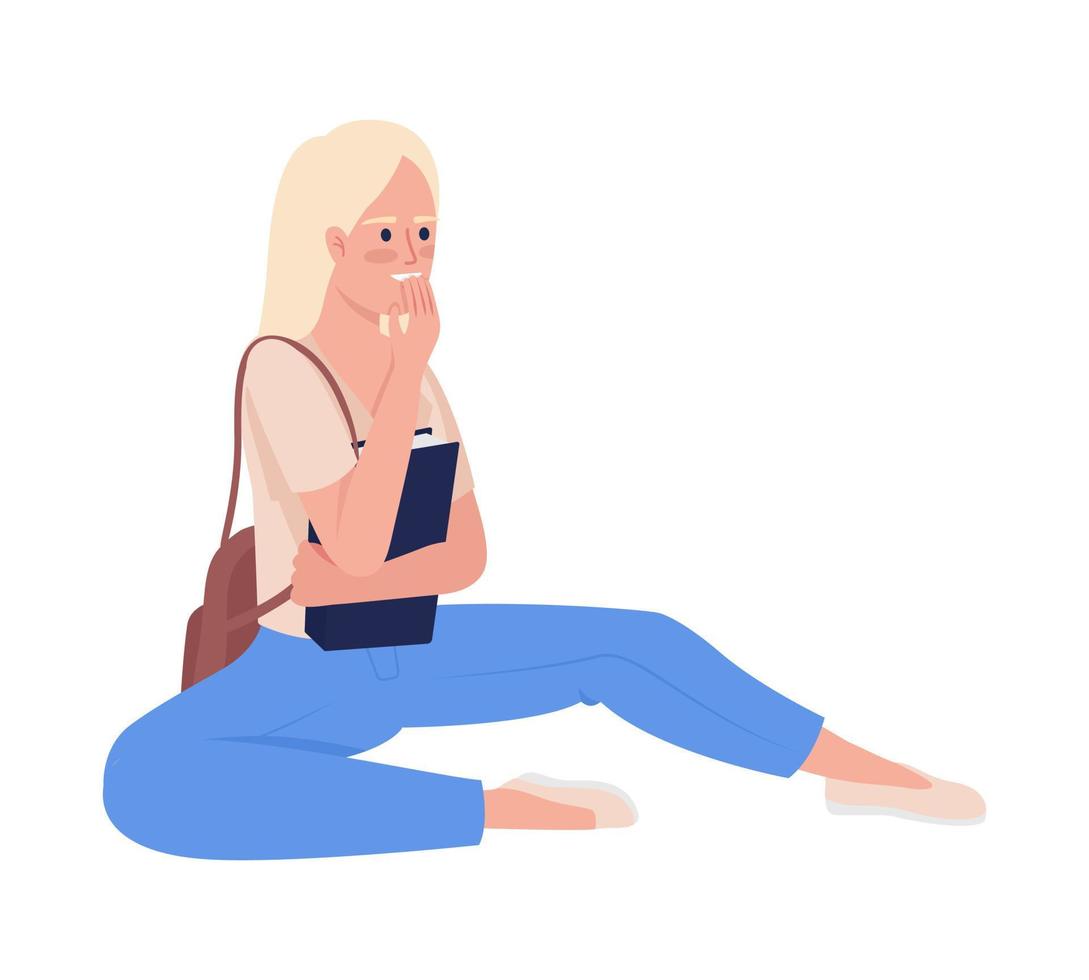 Woman with book and backpack semi flat color vector character. Resting student. Editable figure. Full body person on white. Simple cartoon style illustration for web graphic design and animation