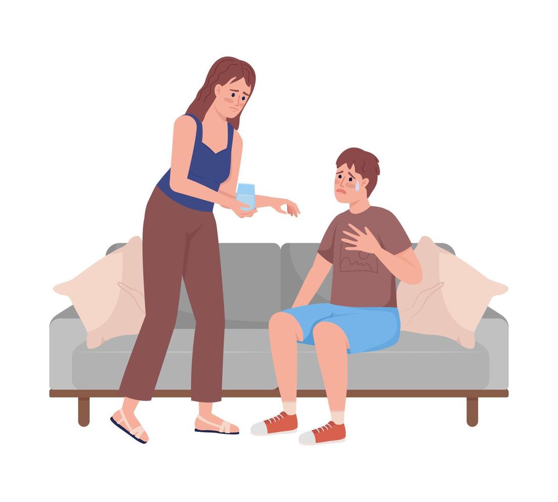 Woman giving water to crying boy semi flat color vector characters. Panic attack. Editable figures. Full body people on white. Simple cartoon style illustration for web graphic design and animation
