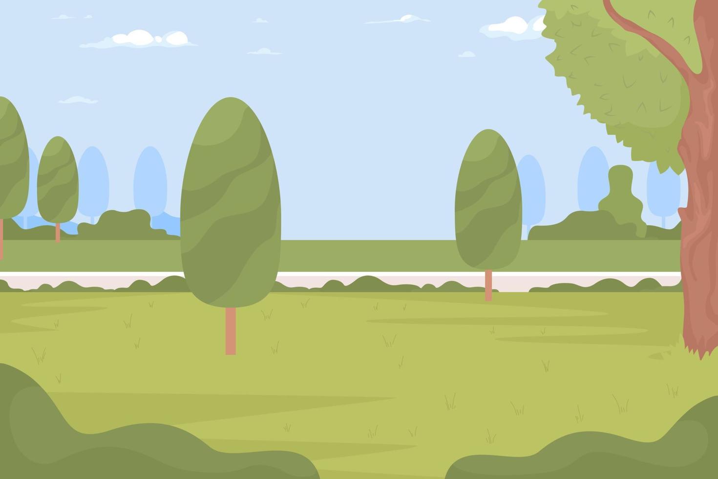 árboles y césped verde en la ilustración de vector de color plano del parque. jardín urbano vacío. lugar de recreo en verano. paisaje de dibujos animados simple 2d completamente editable con cielo azul en el fondo