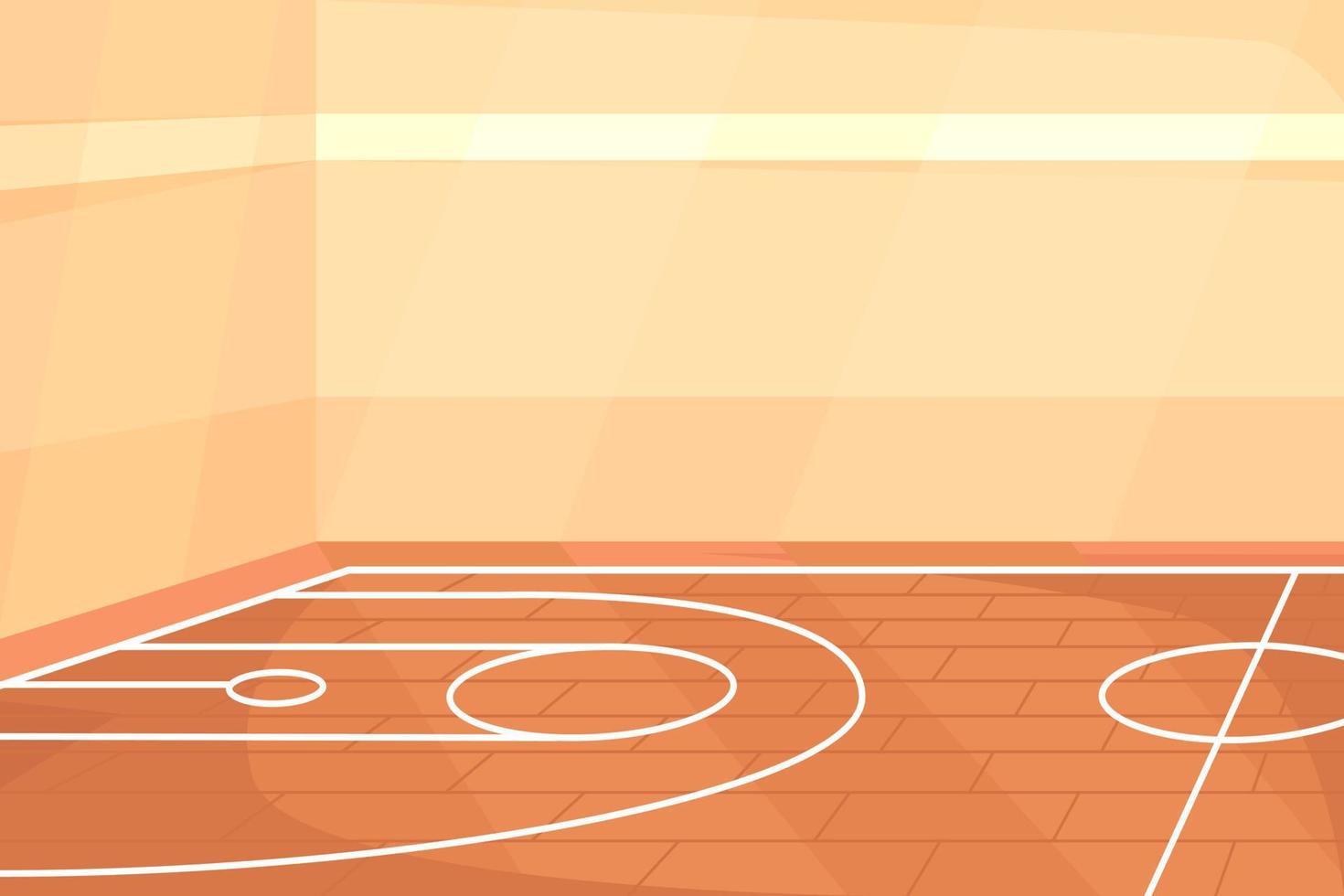 cancha de baloncesto vacía en el gimnasio ilustración vectorial de color plano. campo para juego de deportes. actividad atlética en la escuela. interior de dibujos animados simple 2d completamente editable con gimnasio en el fondo vector