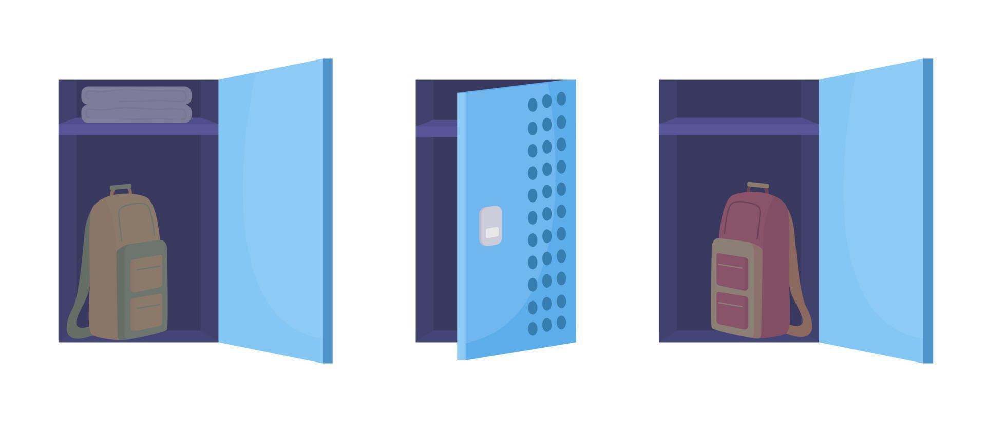 School lockers semi flat color vector objects set. Editable elements. Full sized items on white. Storage simple cartoon style illustrations collection for web graphic design and animation