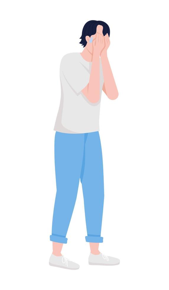 Crying man semi flat color vector character. Depression symptom. Editable figure. Full body person on white. Sadness simple cartoon style illustration for web graphic design and animation