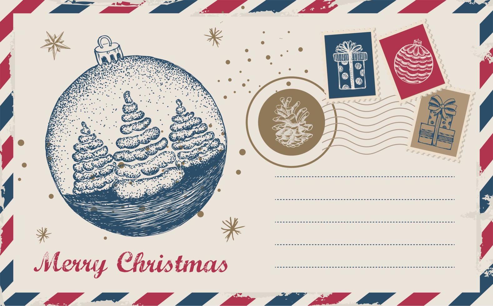 correo de navidad, postal, ilustración dibujada a mano. vector