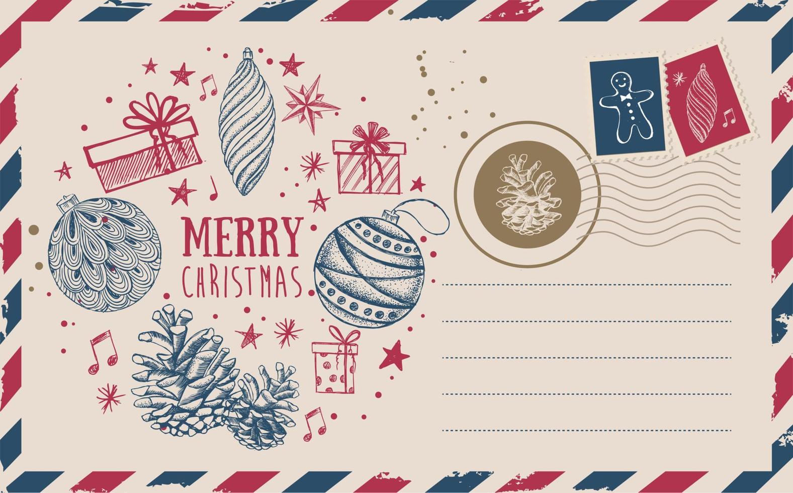 Christmas mail, postcard, hand drawn illustration. vector