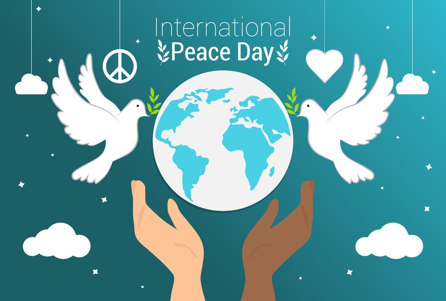 hand background with dove of peace in the sky. International day of peace vector