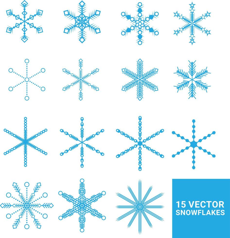 conjunto de copos de nieve en blanco, colección de copos de nieve vectoriales, 15 copos de nieve abstractos vector