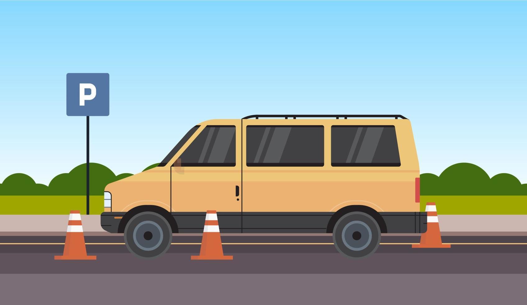 Driver beginner learning and studying behind steering wheel in van concept flat vector illustration.