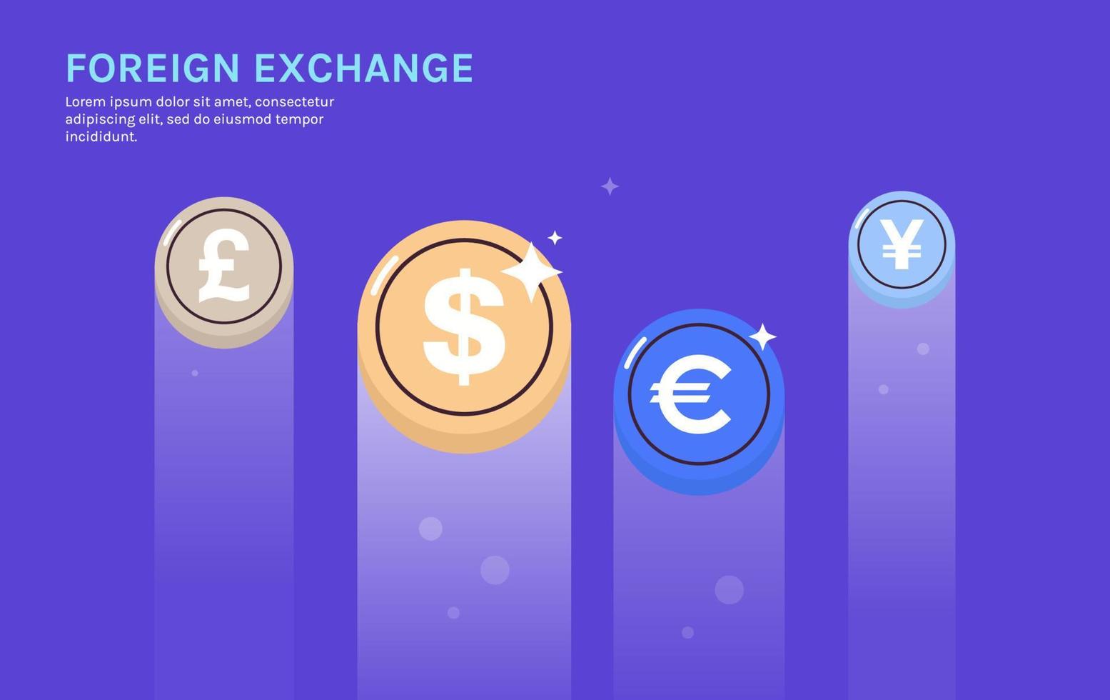 International currency coins and dollar, euro, pound, yen on background horizontal full length flat vector illustration.