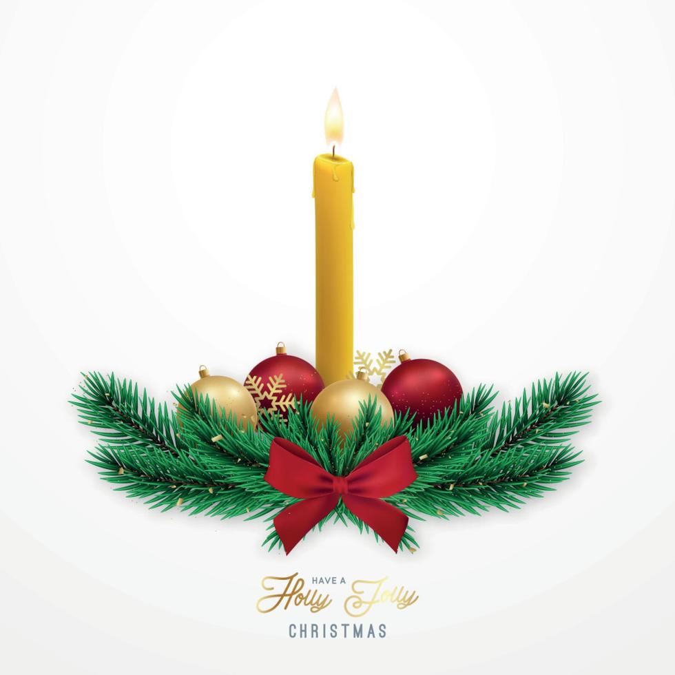 Realistic Christmas composition with burning candle, tree branches, baubles and bow. vector