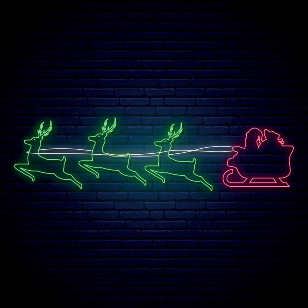 Neon Santa Claus flies in a reindeer harness. vector