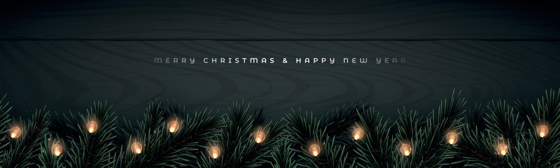 Realistic pine tree branches, pine cone and glowing garlands on black wooden background. vector